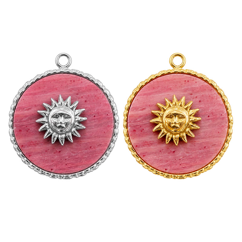 Breloque Cabochon Rhodonite & Soleil - Acier - La pièce