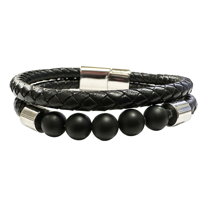 Bracelet 2 rangs cuir et 5 perles 8 mm en Onyx Noir Dépoli - 21,5 ou 23 cm - La pièce