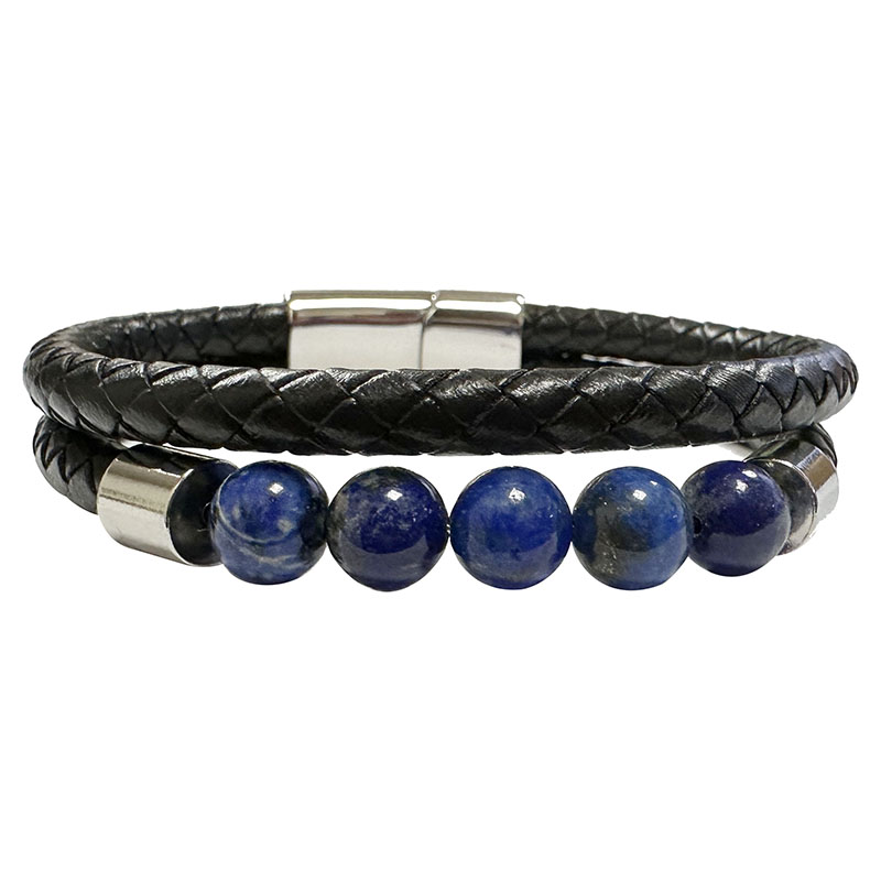 Bracelet 2 rangs cuir et 5 perles 8 mm en Lapis lazuli - 21,5 ou 23 cm - La pièce