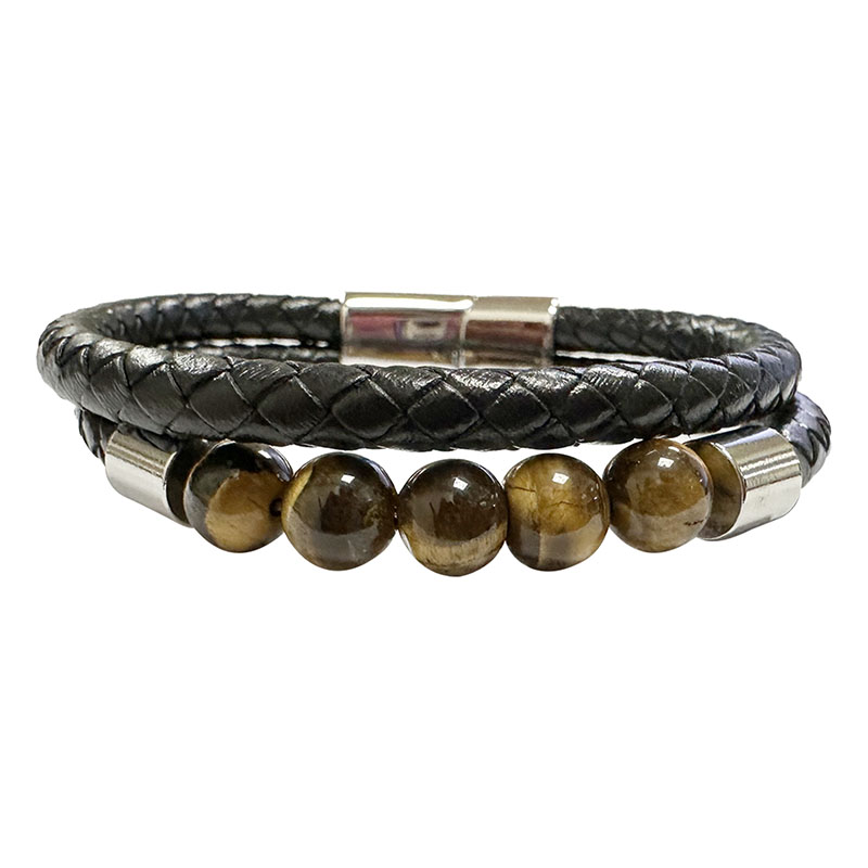 Bracelet 2 rangs cuir et 5 perles 8 mm en Oeil Tigre - 21,5 ou 23 cm - La pièce