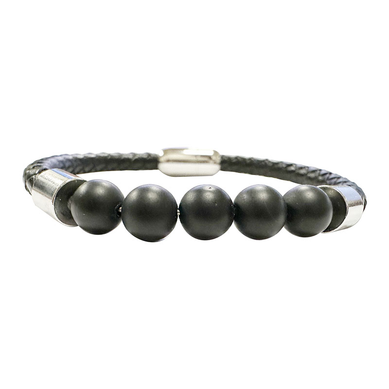 Bracelet Cuir 5 Perles Onyx Noir Depoli Fermeture acier - 21 ou 23 cm - La pièce