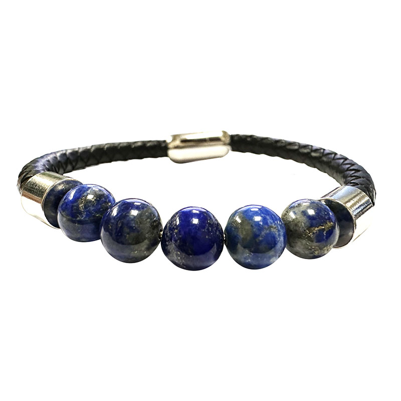 Bracelet Cuir 5 Perles Lapis Lazuli Fermeture acier - 21 ou 23 cm - La pièce