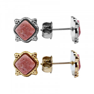Boucles oreilles puces carrées rhodonite