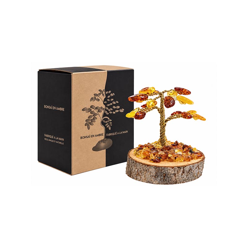 Petit Bonsaï Ambre de la Baltique sur Socle en Bois – 4 à 5 cm