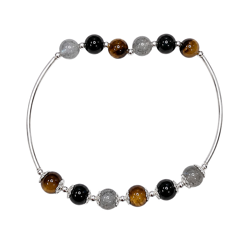 Bracelet Labradorite, Tourmaline et Œil de Tigre sur élastique – Argent 925