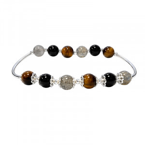 Bracelet Labradorite, Tourmaline et Œil de Tigre sur élastique – Argent 925