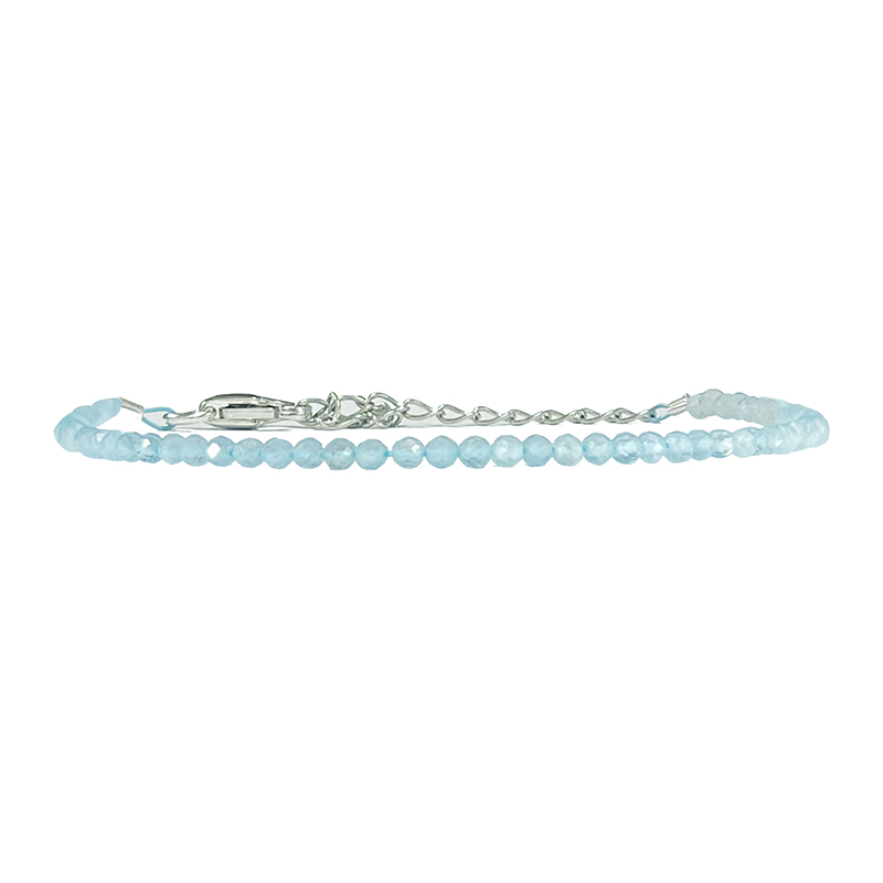 Bracelet Aigue Marine facetté  - 2 mm - 17 cm - fermoir + chaînette en argent 0,925