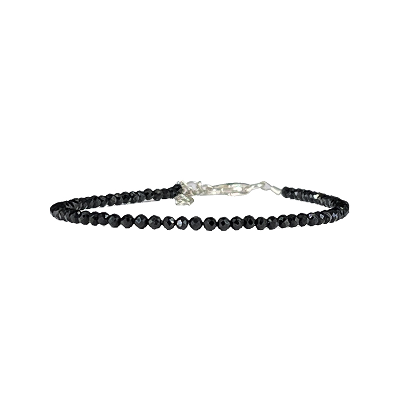 Bracelet Tourmaline noire facettée  - 2 mm - 17 cm - fermoir + chaînette en argent 0,925