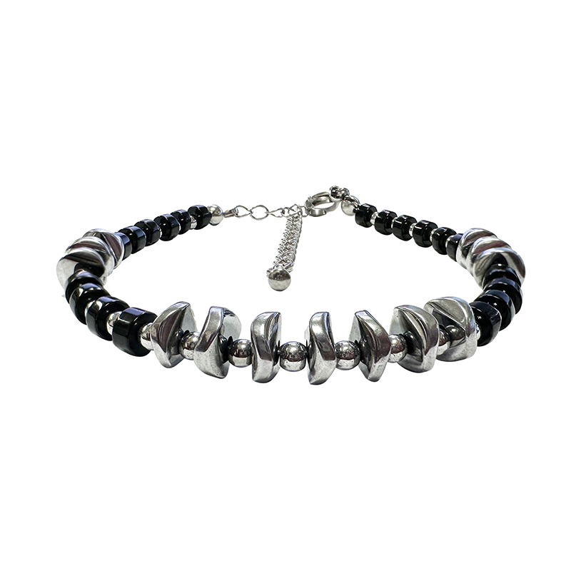 Bracelet Rondelles en Onyx Noir et Hématite Galvanisée Argentée