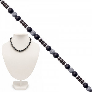 Collier Homme en Onyx dépoli , pierre synth. toile d'araignée, Hématite et bois