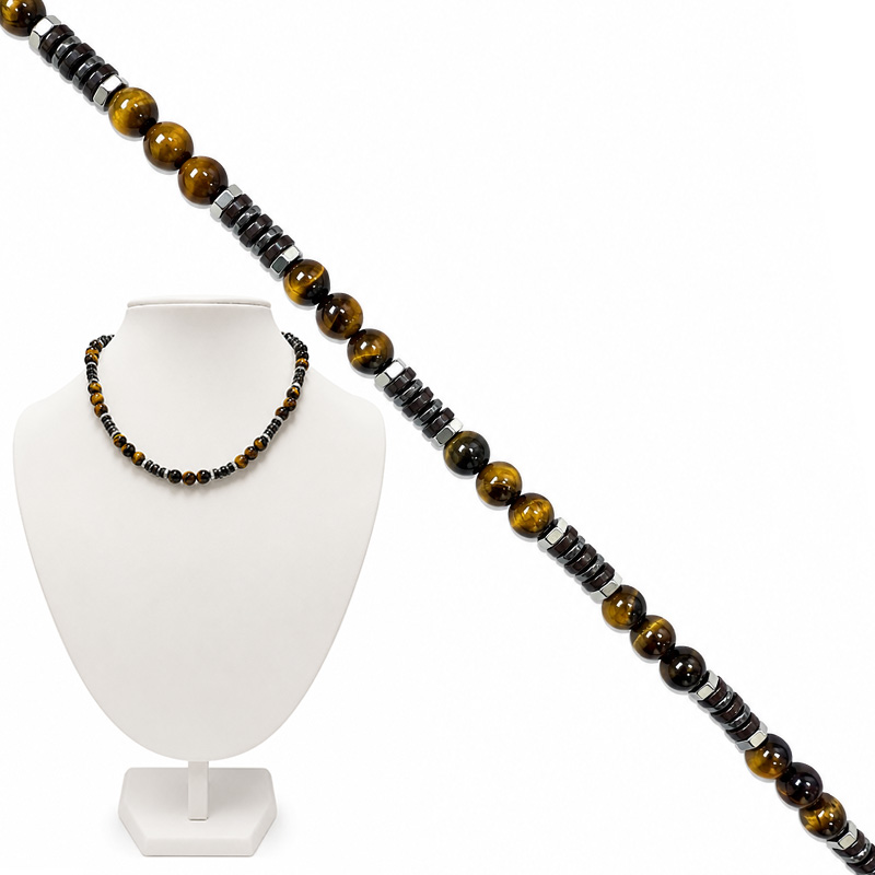 Collier Homme en Oeil de tigre, Hématite et bois