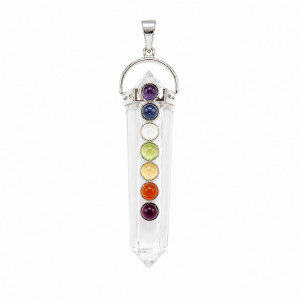 Pendentif 7 chakras avec cristal de roche sur métal argenté