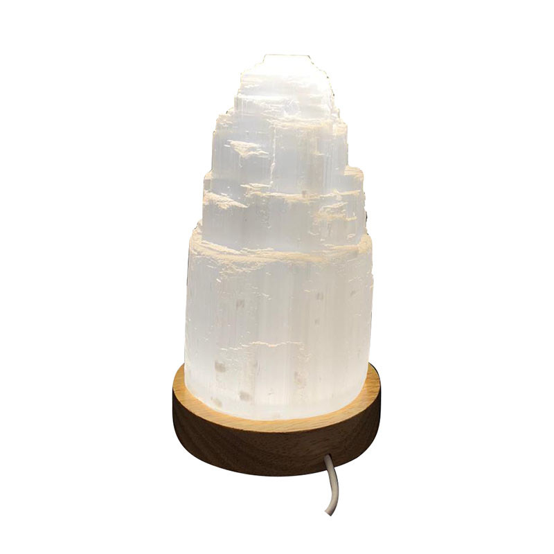 Selenite 15 cm avec socle bois LED USB