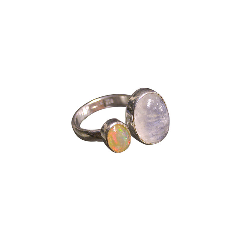 Bague pierre de lune opale réglable, argent 0.925 rhodié