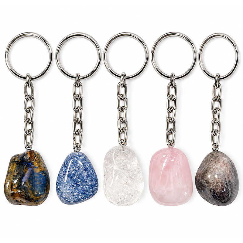 Porte-clés en pierres naturelles roulées – Lot de 5 pièces