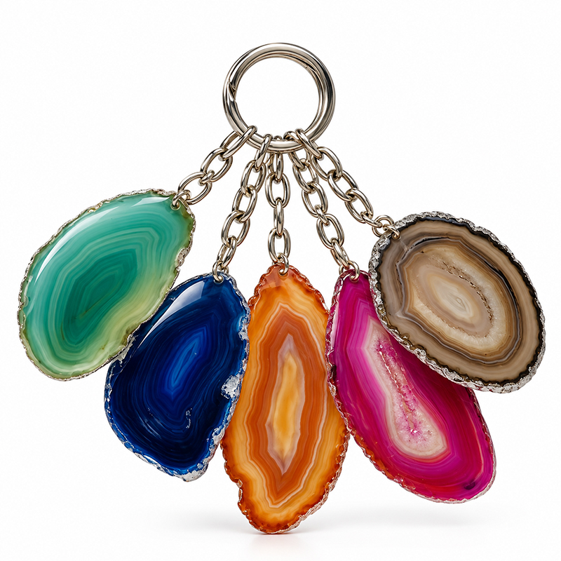 Porte-clés en tranches d’agate naturelle et teintée – Lot de 5 pièces