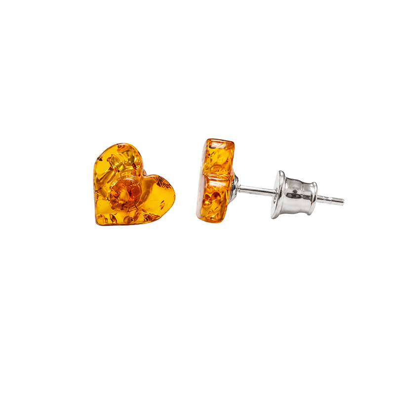 Boucles d'oreilles Coeur en Ambre montage argent 0.925