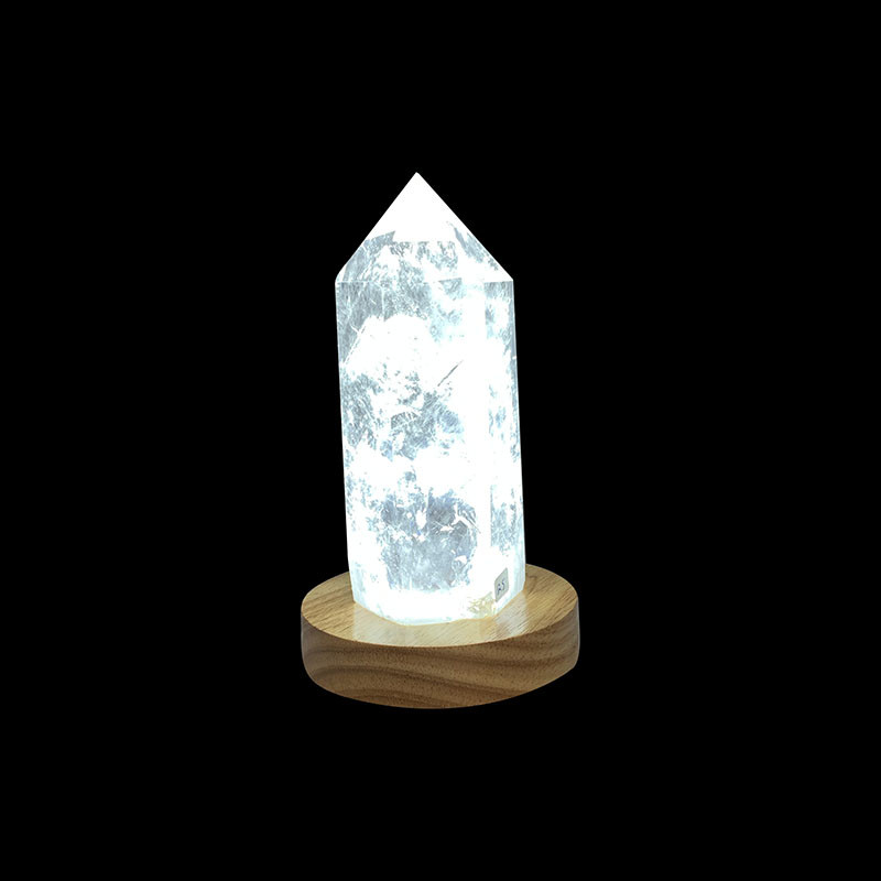 Pointe Cristal de roche - 7 à 20 cm sur socle bois LED