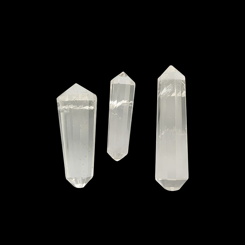 Voguel, bipointes facettées polies 12 faces en cristal de roche -  diam. 0.7 à 1.5 cm