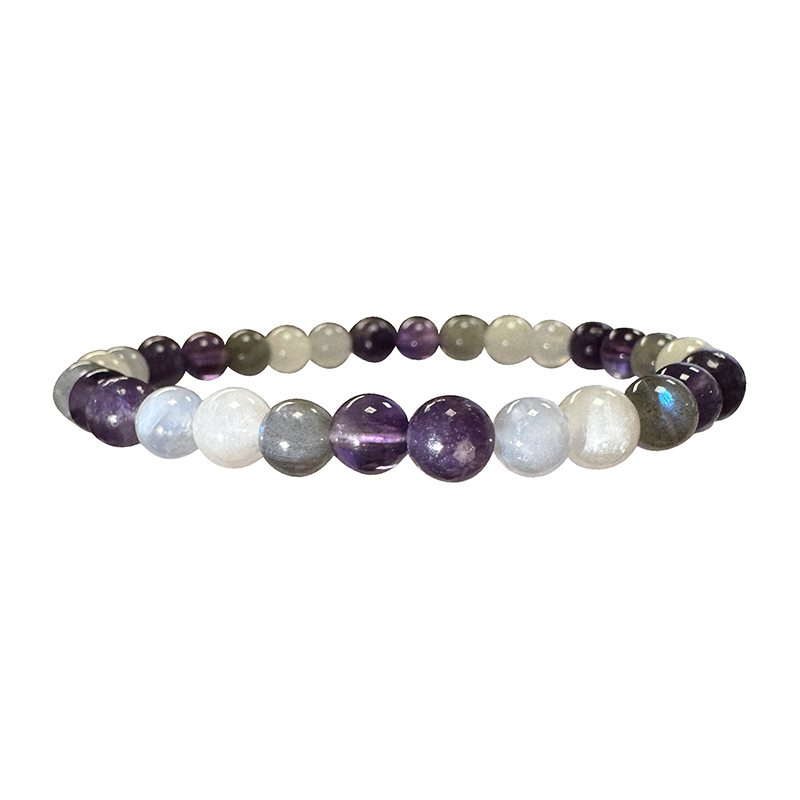 Bracelet en pierre de lune, labradorite, améthyste, lépidolite et calcédoine