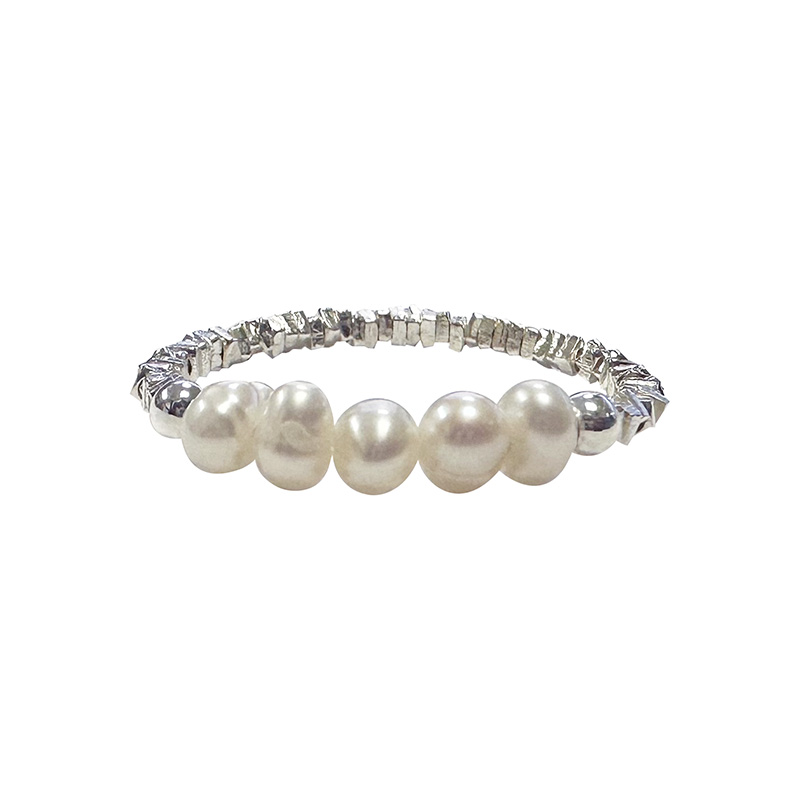 Bague sur élastique Perles Biwa et carré argent 925