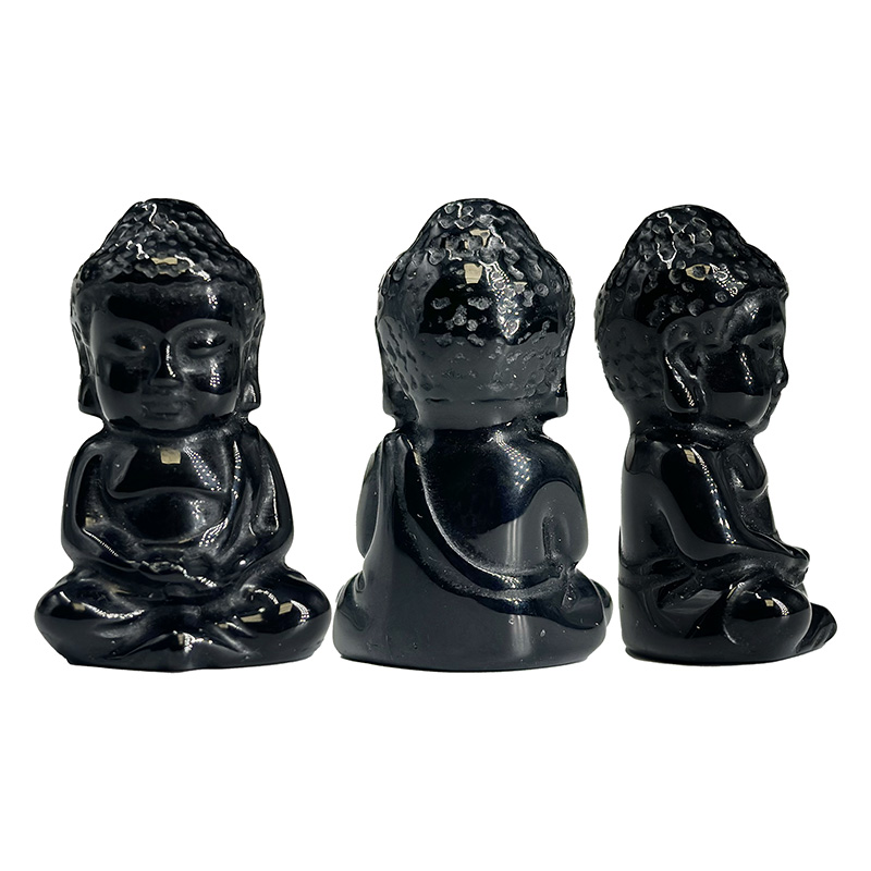 Statuette Bouddha en Obsidienne Noire ou Cristal de Roche