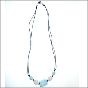 Collier aigue-marine et quartz rose 42 cm sur cordon