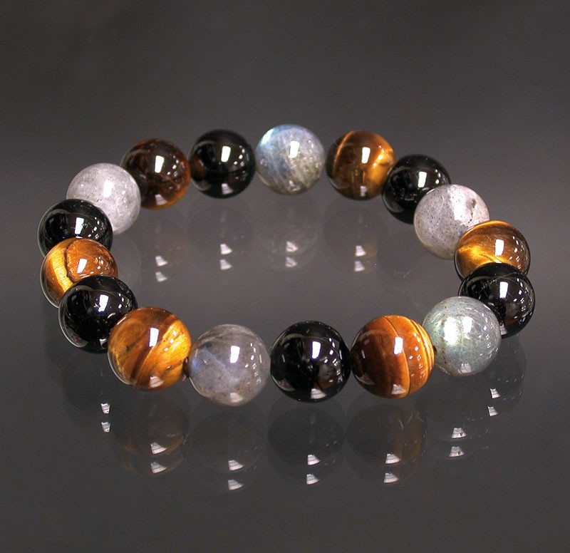 Bracelet homme labra, tourmaline, oeil tigre 12mm