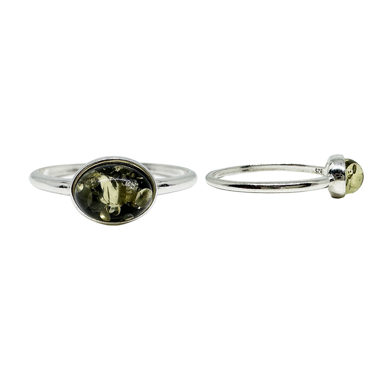 Bague Cabochon Oval Ambre vert Argent 925