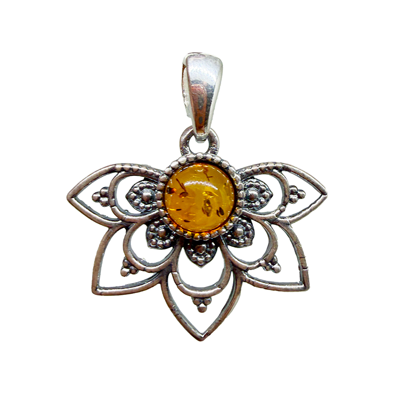 Pendentif Fleur Lotus en Argent 0,925 et Ambre