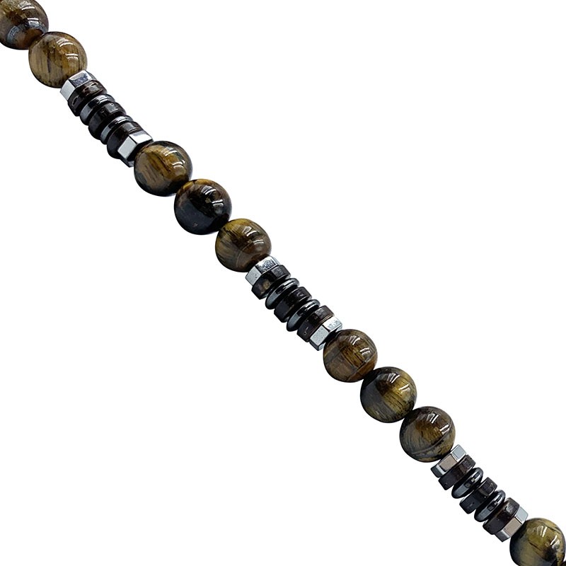 Collier Homme en Oeil de tigre, Hématite et bois