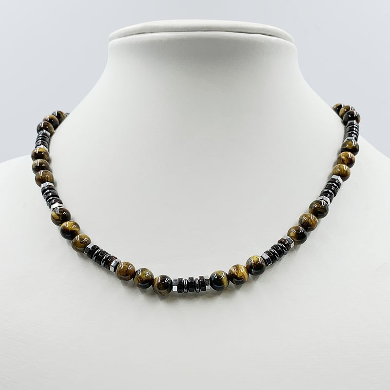 Collier Homme en Oeil de tigre, Hématite et bois