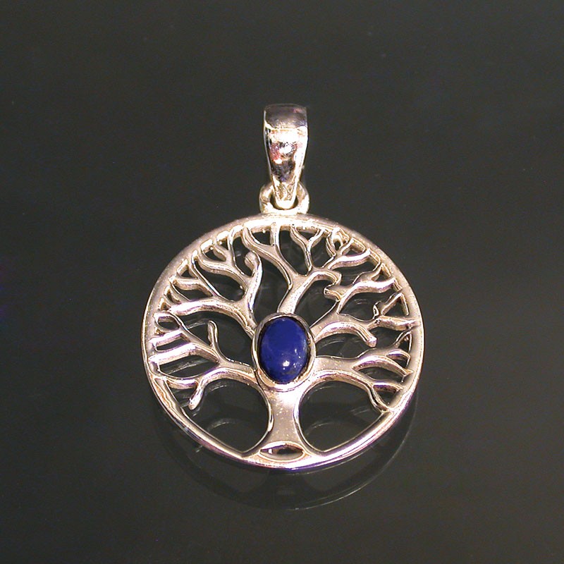 Pendentif  arbre de vie émeraude, améthyste ou lapis, argent 0.925